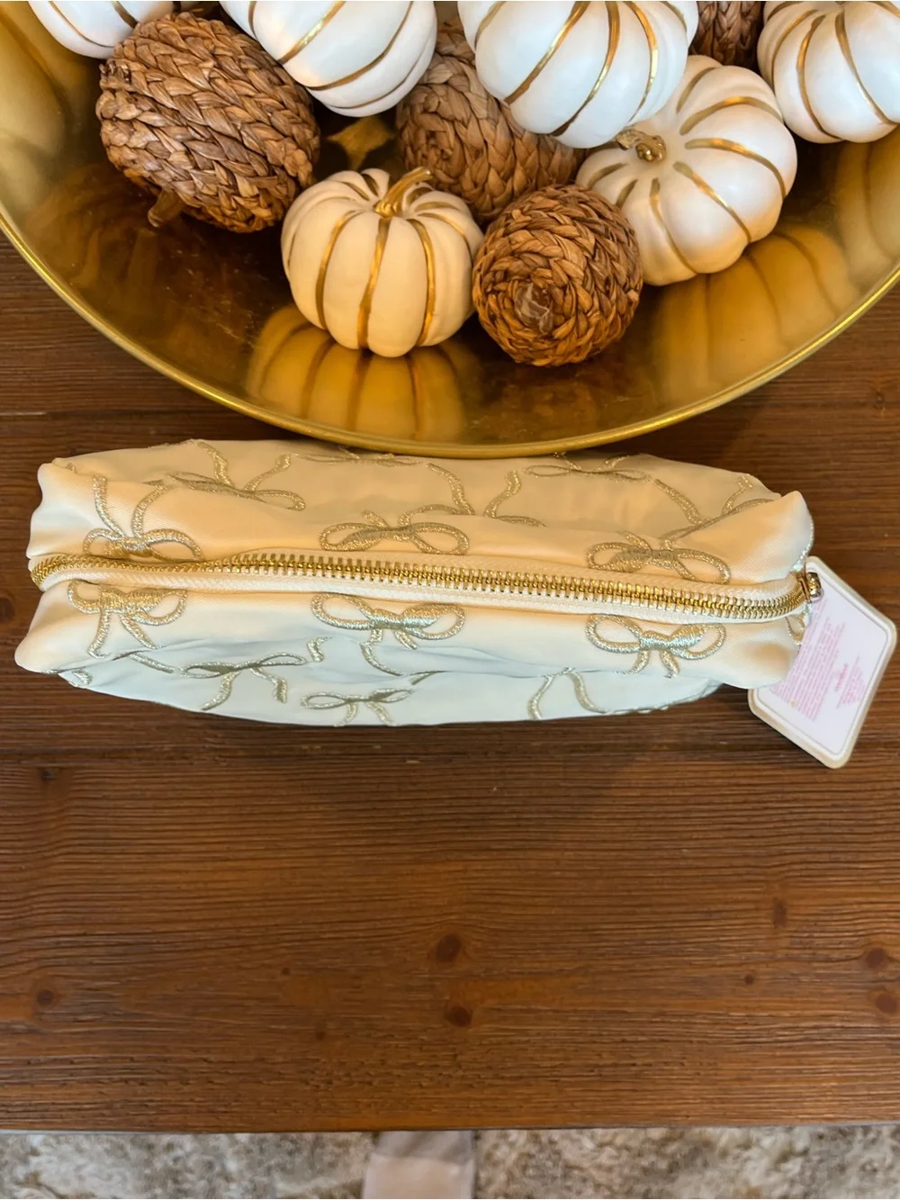 NWT Gloss and Glo Cream Bow-Embroidered Cosmetic Pouch with Gold Accents